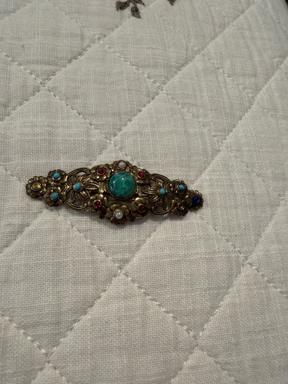 Possible Neiger Bros. brooch. Vintage Ornate Filigree Brooch with Turquoise Cab